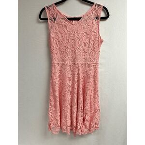 Womens Lined Sleeveless V neck A-line Lace Mini Dress Pink Floral Size Medium